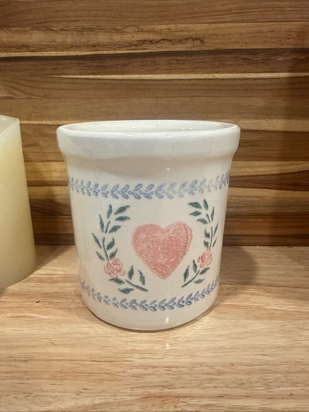 CROCK SHOP SANTA ANA CA PINK HEART STAMP 5 3/4”T CROCK MADE USA Cottage Core